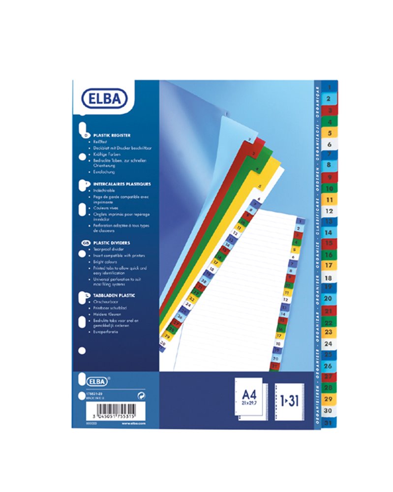 SEPARATORI NUMERICI 1-31 A4 IN PPL COLORATO 120mic