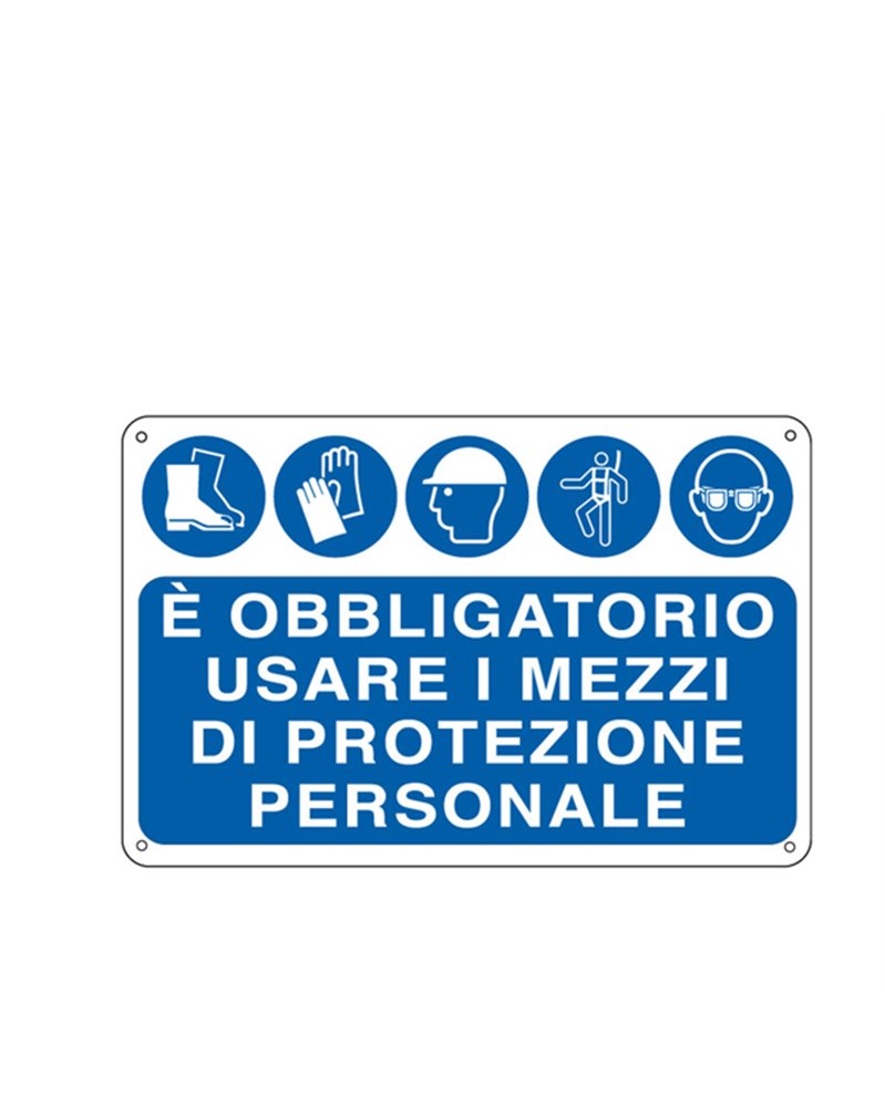 CARTELLO ALLUMINIO 30x20cm 'E' OBBLIGATORIO USARE I MEZZI DI PROTEZ. INDIVID.'