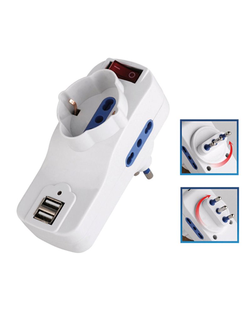 ADATTATORE ROTANTE 2 PRESE BIPASSO 2P+T 10/16 A+ 1 Schuko+2 PRESE USB MELCHIONI