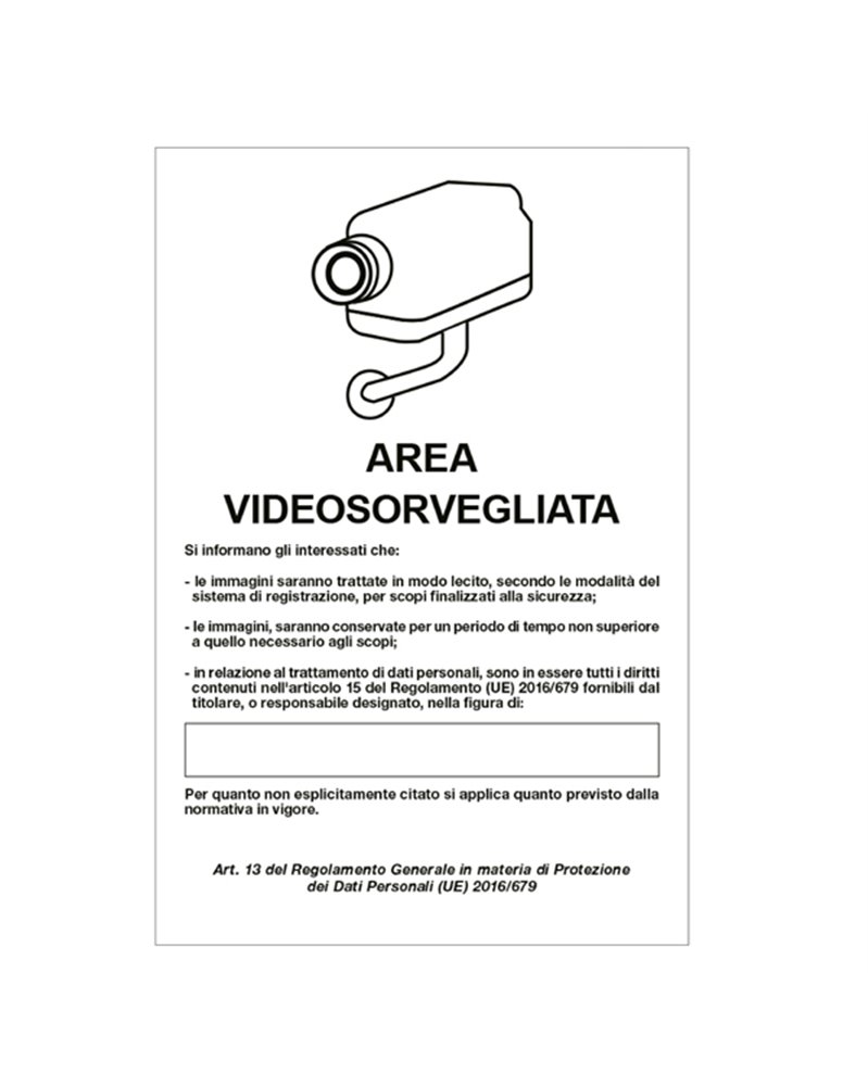 Cartello alluminio 20x30cm 'Area videosorveglianza con registrazion' rif.GDPR'