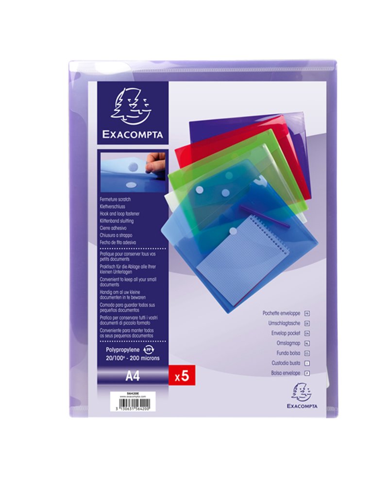 Busta a tasca con velcro in pp colorato f.to 24x32cm per A4 Exacompta