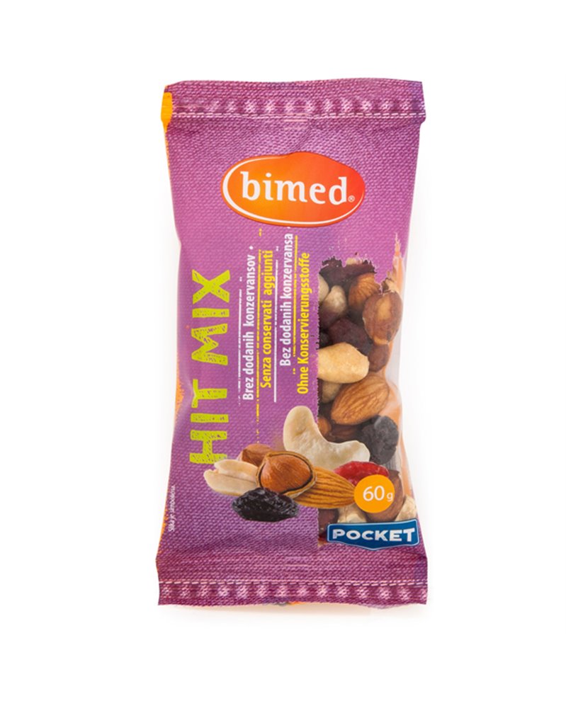 Hit mix nocciole, anacardi, mandorle, mirtilli e uvetta, pocket 60g - Bimed