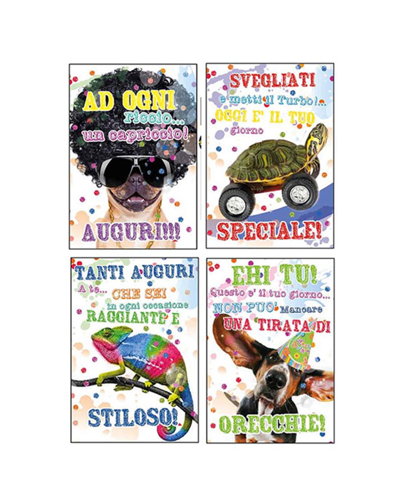 Biglietto Buon Compleanno c/rifiniture glitter tema animali Kartos