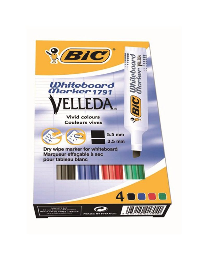 Astuccio pennarello VELLEDA 1791 punta scalpello whiteboard 4 colori BICÂ®