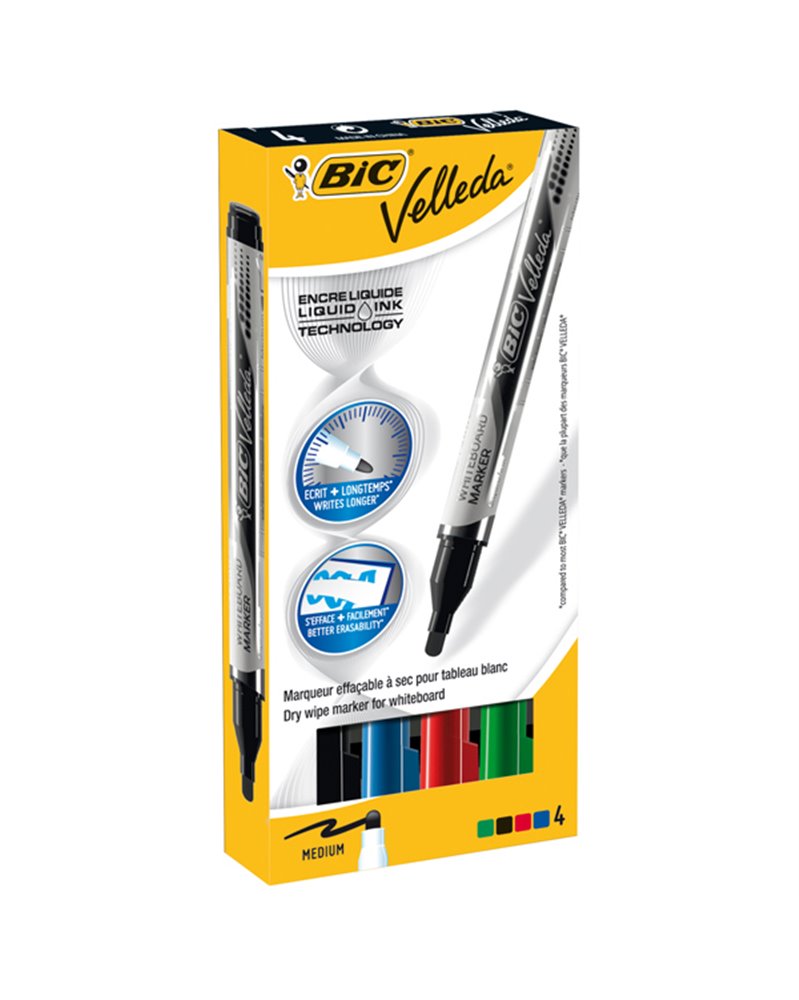 ASTUCCIO 4 MARCATORI P.TONDA Whiteboard VELLEDAÂ® Liquid Ink Pocket BICÂ®