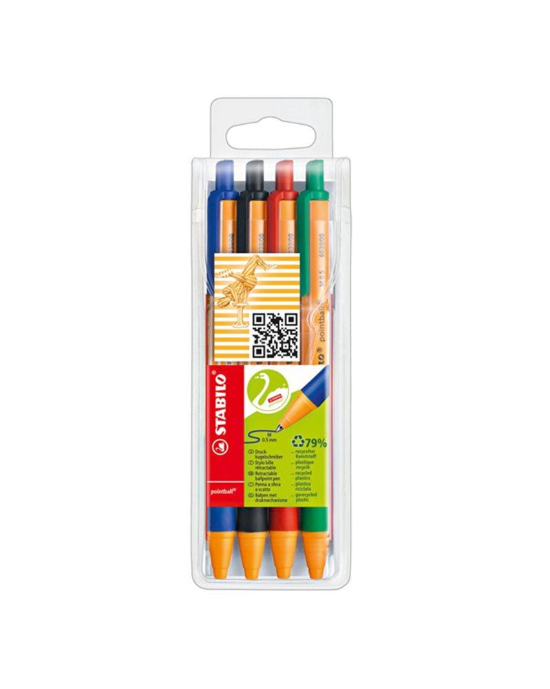 Astuccio 4 penna a sfera a scatto POINTBALLÂ® GREEN STABILO 4colori