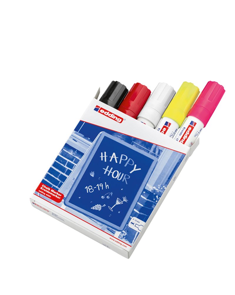 Astuccio 5 marcatori EDDING 4090 punta scalpello gesso liquido colori fluo/std Astuccio 5 marcatori EDDING 4090 punta scalpello gesso liquido colori fluo/std