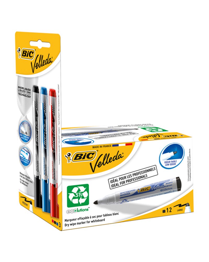 PROMO BOX 12pz NERO Whiteboard VELLEDAÂ® 1701 Recycled BICÂ®+3 ink pocket (N/B/R)