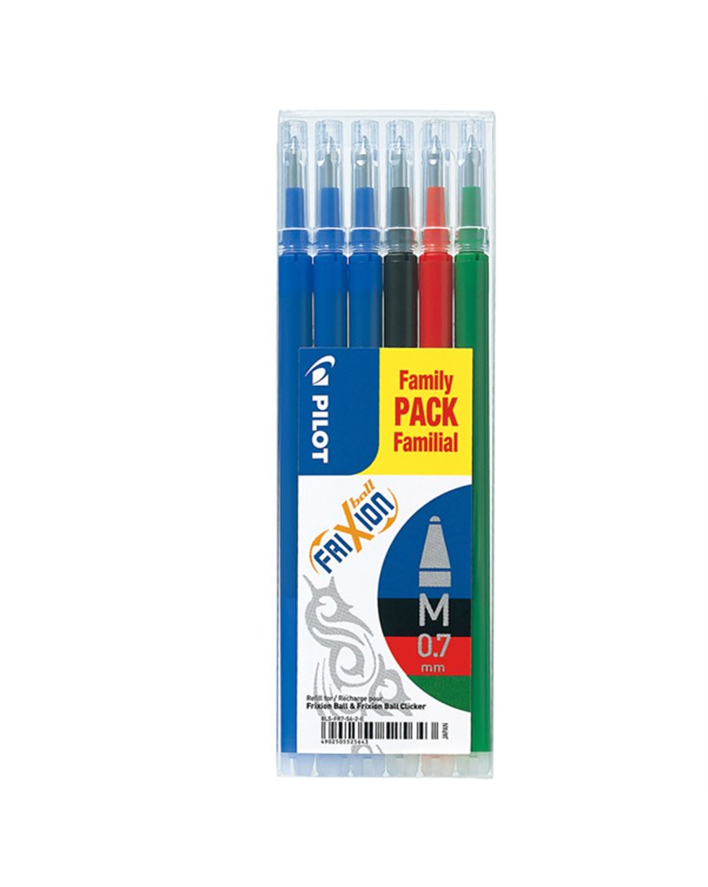 Set 6 refill FRIXIONball 0.7mm 3 blu,1 nero, 1 rosso, 1 verde PILOT