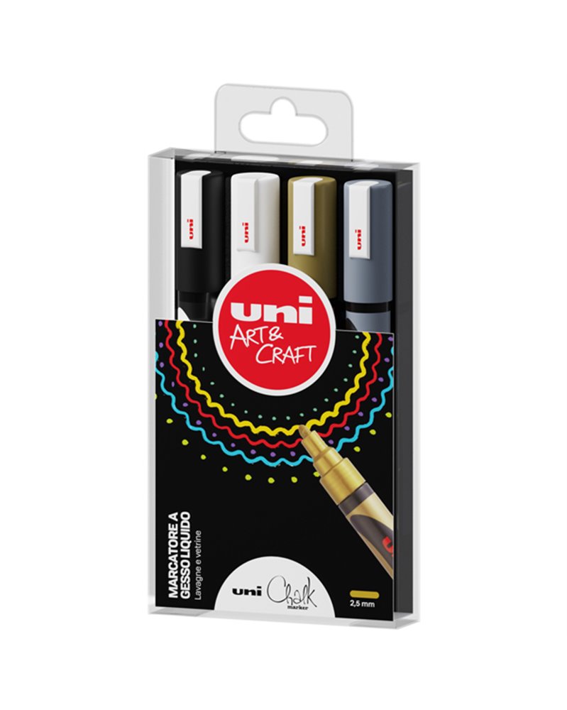 Busta 4 marcatore a gesso liquido UNI CHALK p.tonda col.ass. (ne/bi/oro/arg) Busta 4 marcatore a gesso liquido UNI CHALK p.tonda col.ass. (ne/bi/oro/arg)