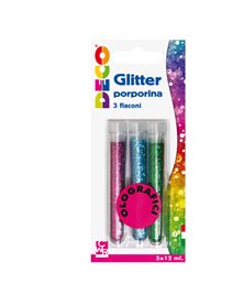 Blister glitter 3 flaconi grana fine 12ml colori assortiti olografici Cwr
