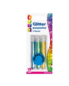 Blister glitter 3 flaconi grana fine 12ml colori assortiti iridescenti Cwr