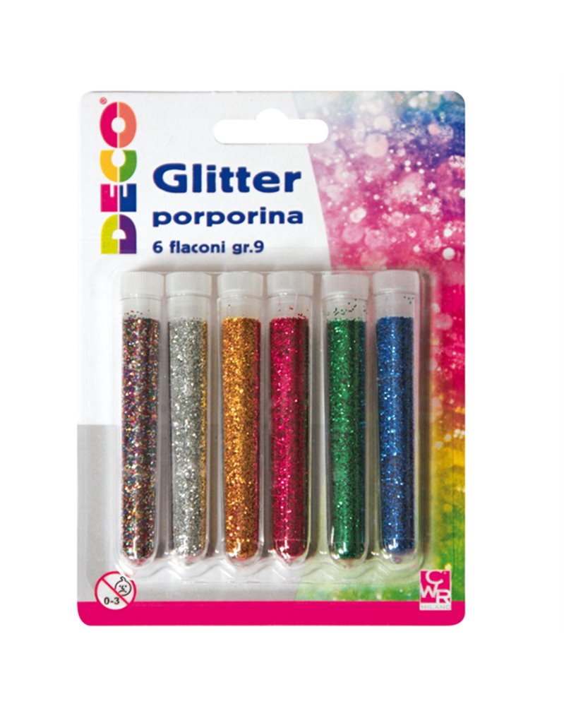 Blister glitter 6 flaconi grana fine 12ml colori assortiti Cwr