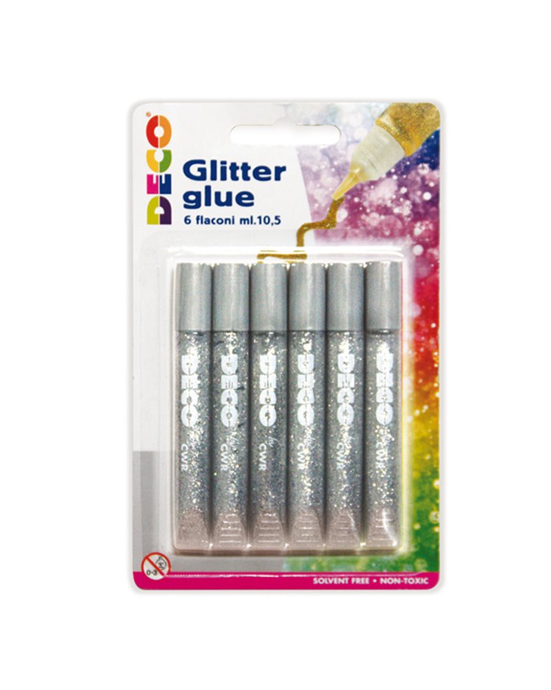 Blister colla glitter 6 penne 10,5ml argento Cwr