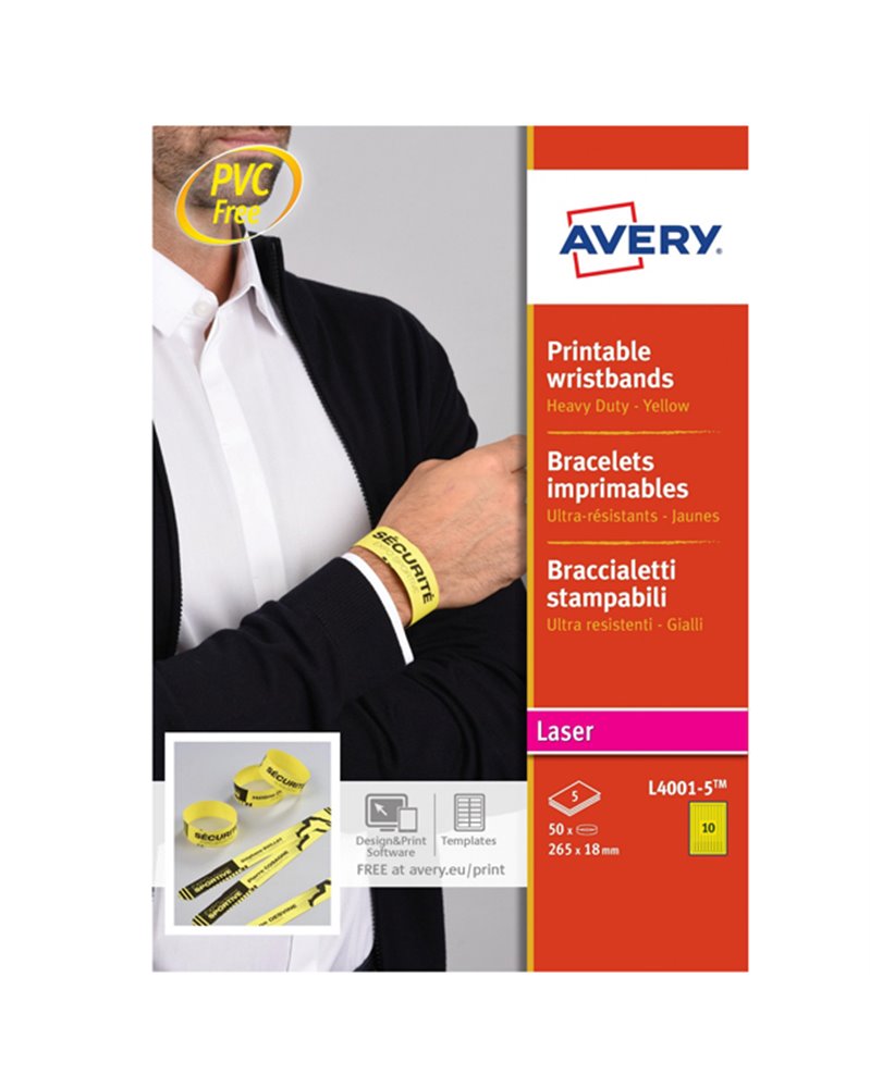 Braccialetti identificativi Giallo 5fg A4 265x18mm (10et/fg) laser Avery