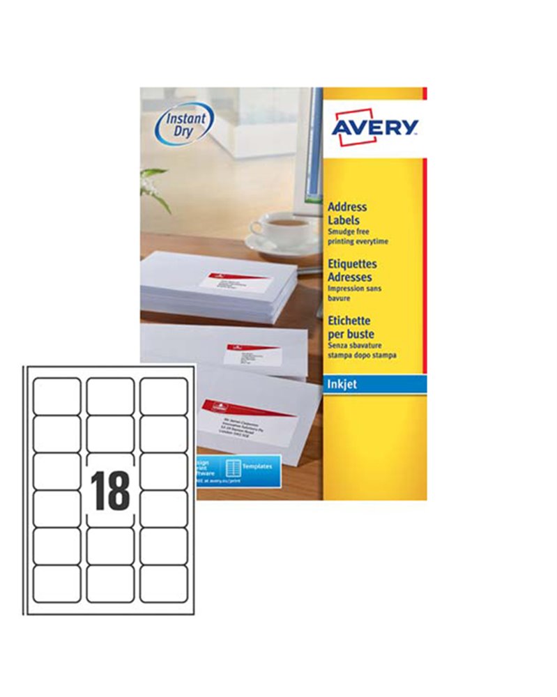 Etichetta adesiva J8161 bianca 25fg A4 63,5x46,6 (18et/fg) inkjet Avery