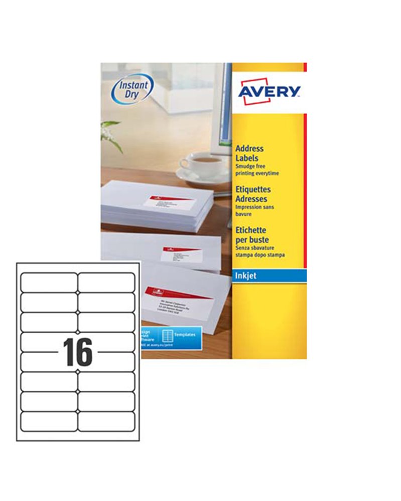 Etichetta adesiva J8162 bianca 25fg A4 99,1x33,9mm (16et/fg) inkjet Avery