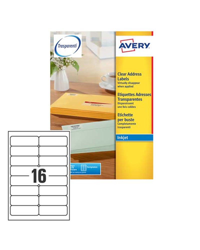 Poliestere adesivo J8562 trasparente 25fg A4 99,1x34mm (16et/fg) Inkjet Avery