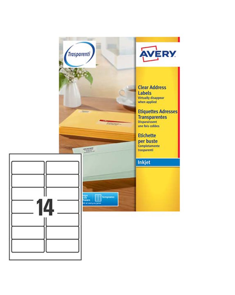 Poliestere adesivo J8563 trasparente 25fg A4 99,1X38,1 (14et/fg) Inkjet Avery