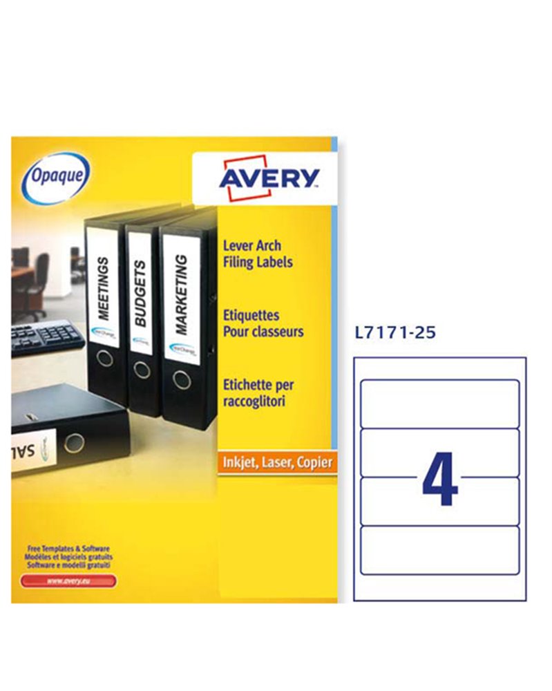 Etichetta adesiva L7171 bianca coprenti 25fg A4 200x60mm (4et/fg) Avery Etichetta adesiva L7171 bianca coprenti 25fg A4 200x60mm (4et/fg) Avery