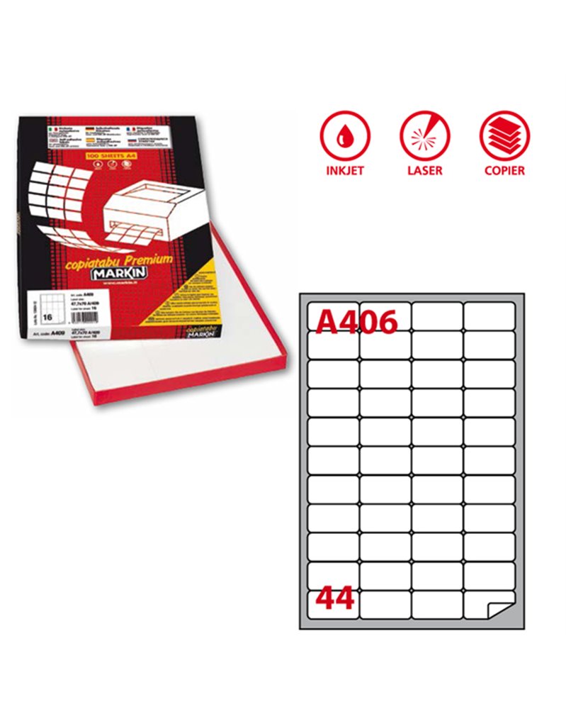 Etichetta adesiva A/406 bianca 100fg A4 47,5X25,5mm (44eti/fg) Markin Etichetta adesiva A/406 bianca 100fg A4 47,5X25,5mm (44eti/fg) Markin