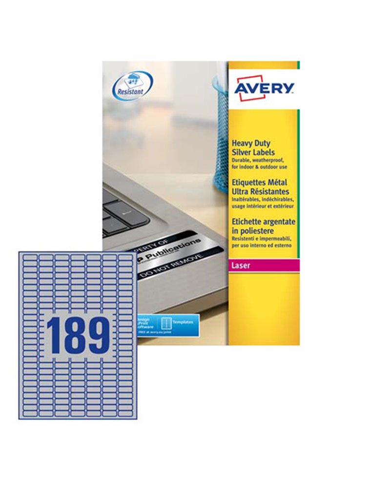 Poliestere adesivo L6008 argento 20fg A4 24,5x10mm (189et/fg) laser Avery