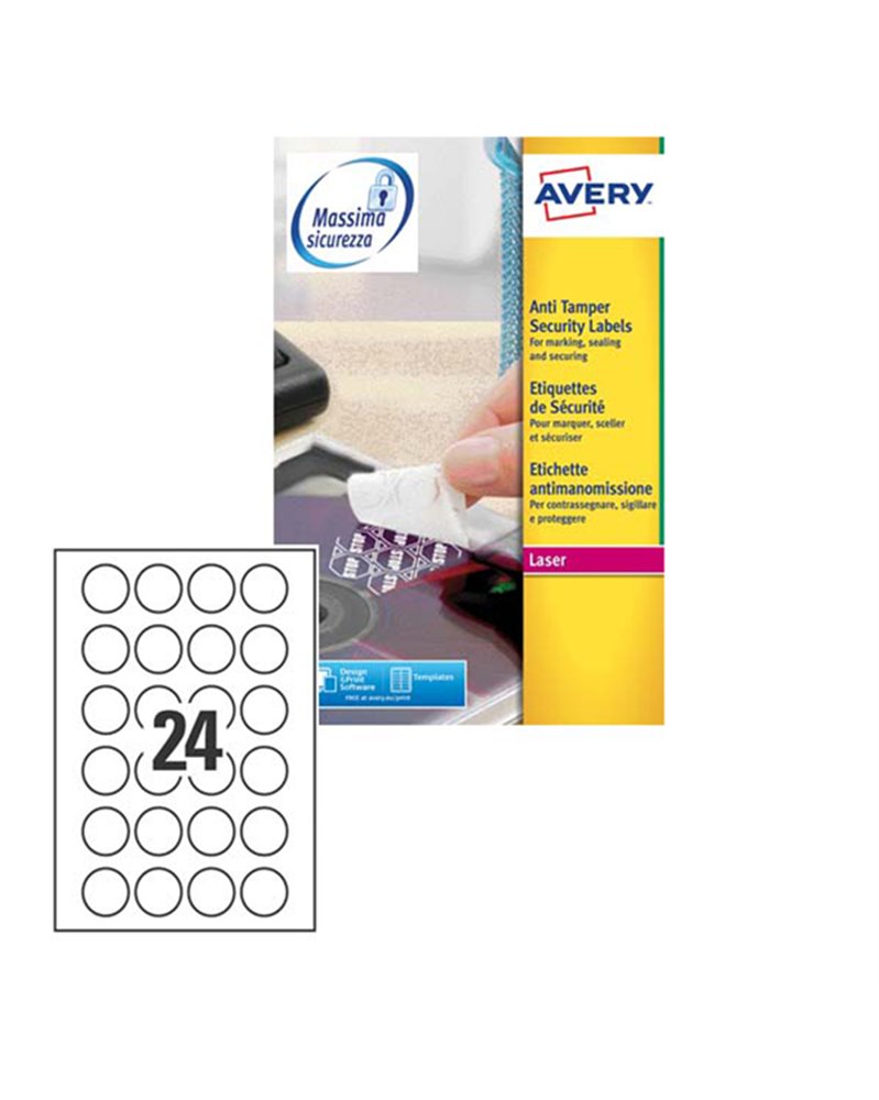 Poliestere adesivo L6112 bianco antimanomissione 20fg A4 Ø40mm (24et/fg) laser Poliestere adesivo L6112 bianco antimanomissione 20fg A4 Ø40mm (24et/fg) laser