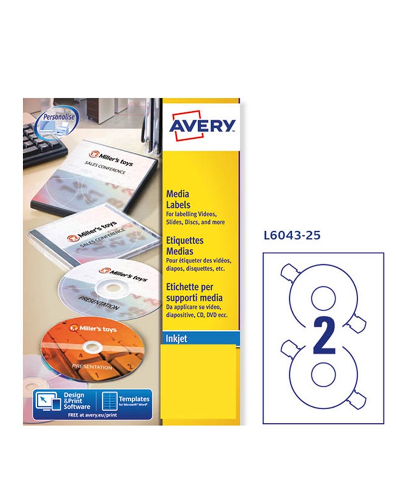 Etichetta adesiva L6043 bianca CD/DVD 25fg A4 Ã˜117 foroÃ˜41mm (2et/fg) laser