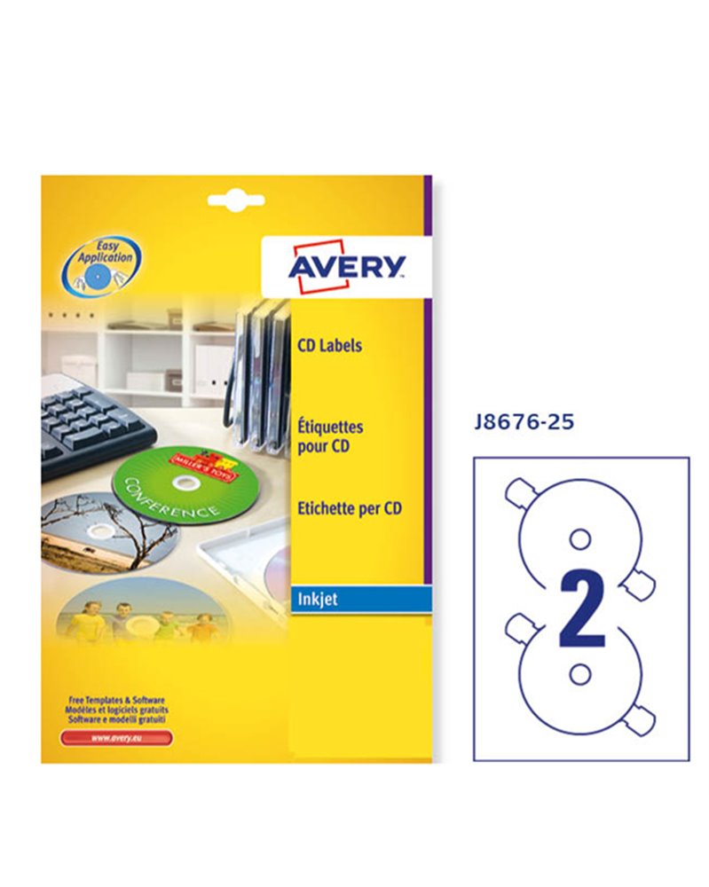 Etichetta adesiva J8676 bianca opaca CD/DVD 25fg A4 Ã˜117mm (2et/fg) inkjet