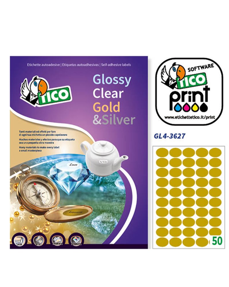 Etichetta adesiva GL4 ovale oro satinata 100fg A4 36x27mm (50et/fg) Tico