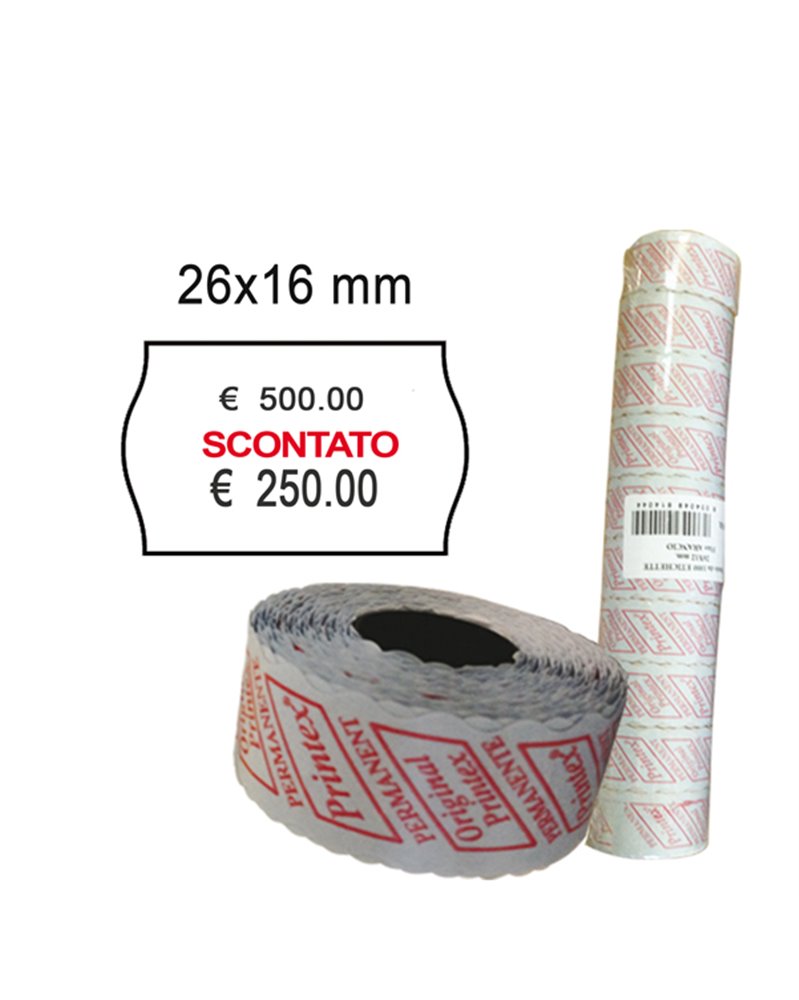 PACK 10 ROTOLI 1000 ETICH. 26x16mm ONDA "scontato" BIANCO PERM. Printex