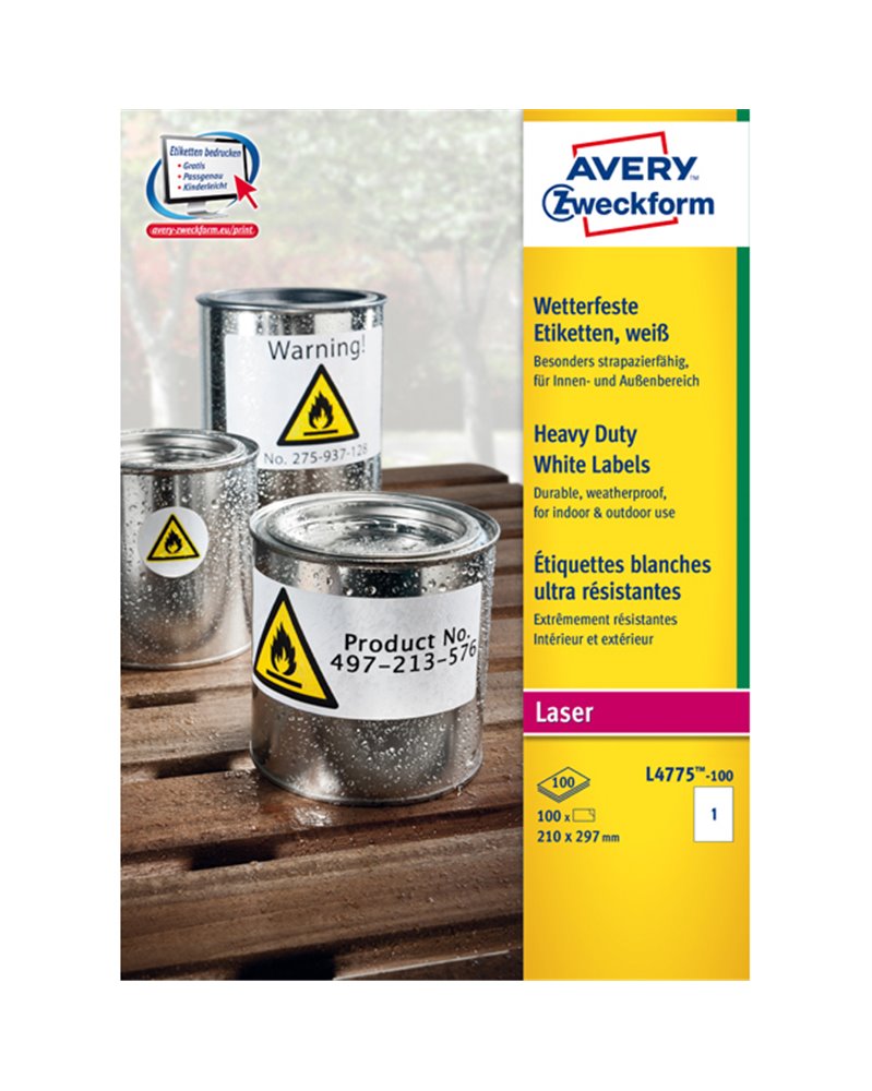 Poliestere adesivo L4775 bianco 100fg A4 210x297mm (1et/fg) laser Avery Poliestere adesivo L4775 bianco 100fg A4 210x297mm (1et/fg) laser Avery