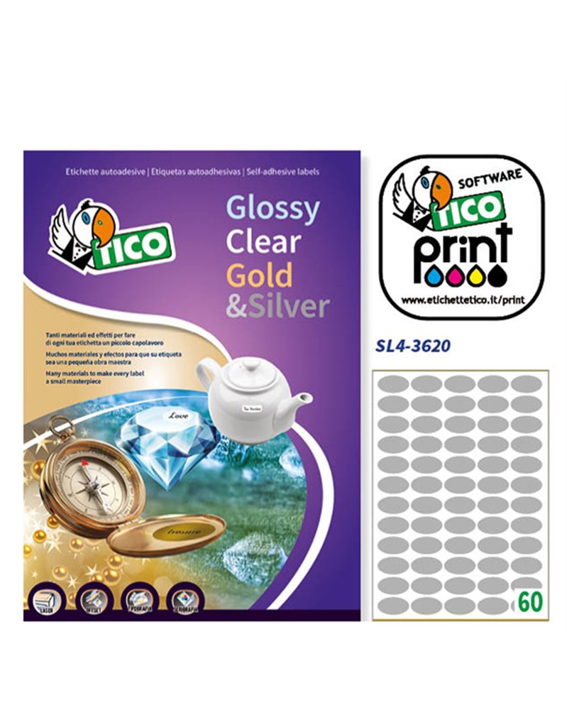 Etichetta adesiva SL4 ovale argento satinata 100fg A4 36x20mm (60et/fg) Tico