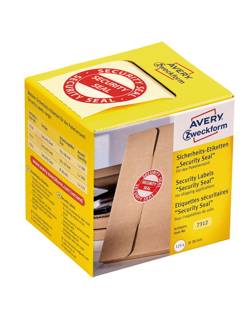 Rotolo da 125 etichette per spedizione con icona "Security Seal" Ø38mm Avery Rotolo da 125 etichette per spedizione con icona "Security Seal" Ø38mm Avery
