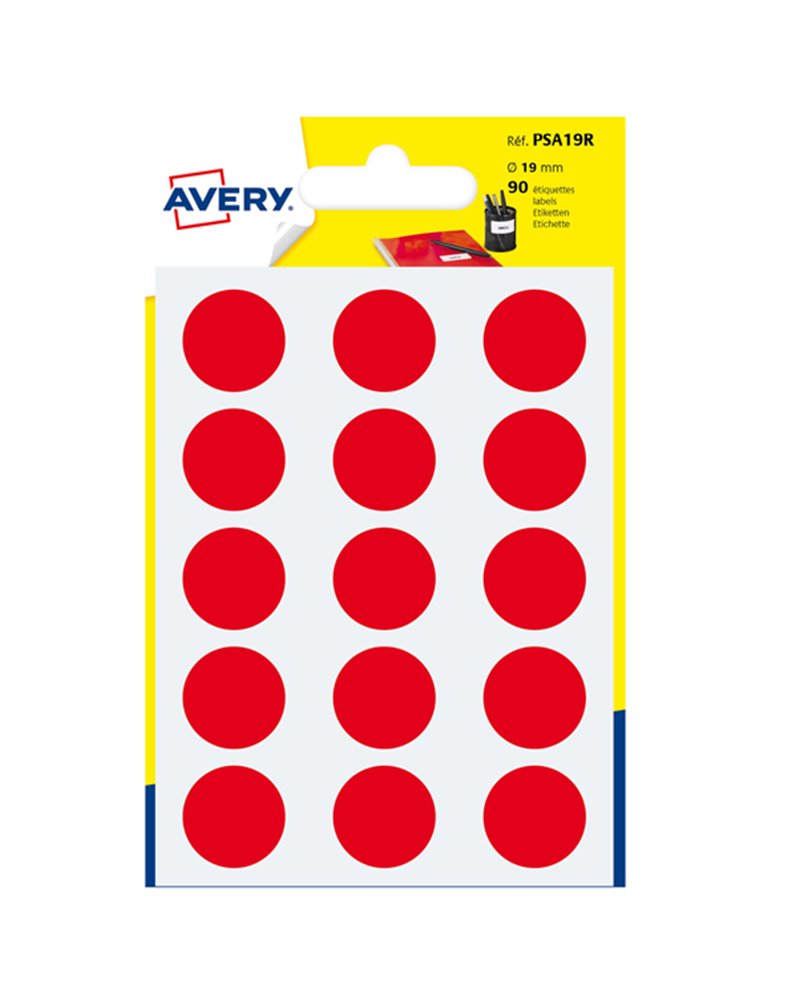 Blister 90 etichetta adesiva tonda PSA rosso Ã˜19mm Avery