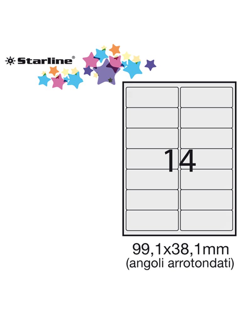 Etichetta adesiva bianca 100fg A4 99,1x38,1mm (14et/fg) angoli tondi STARLINE