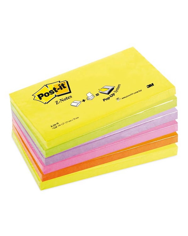 BLOCCO Post-itÂ® Super Sticky Z-Notes 76x127mm 100fg R350NR ASSORT.NEON