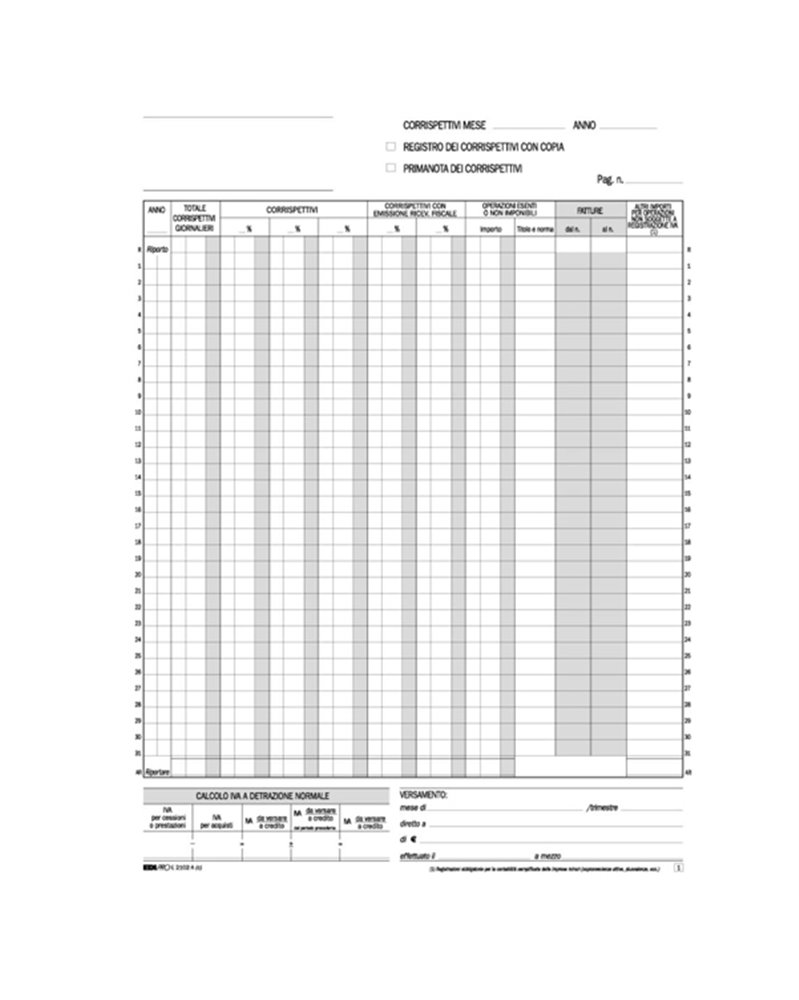 REGISTRO PRIMA NOTA IVA CORRISPETTIVI 29,7X23 25/25 FG AUTORIC. E2102A