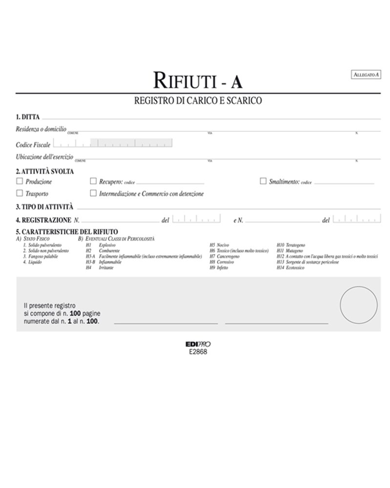 REGISTRO CARICO/SCARICO RIFIUTI DETENTORI MOD.A 22,5X29,7 100PAG. E2868