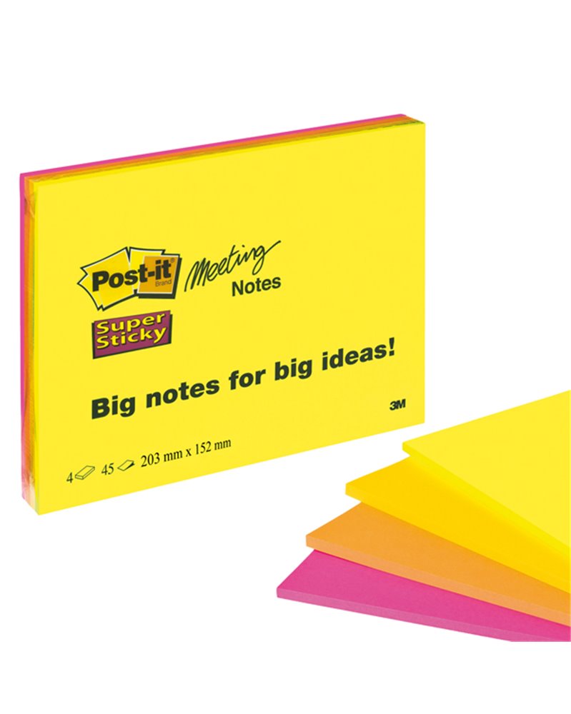 BLOCCO 45foglietti Post-itÂ® Super Sticky 203x152mm MEETING NOTE NEON 6845-SSP