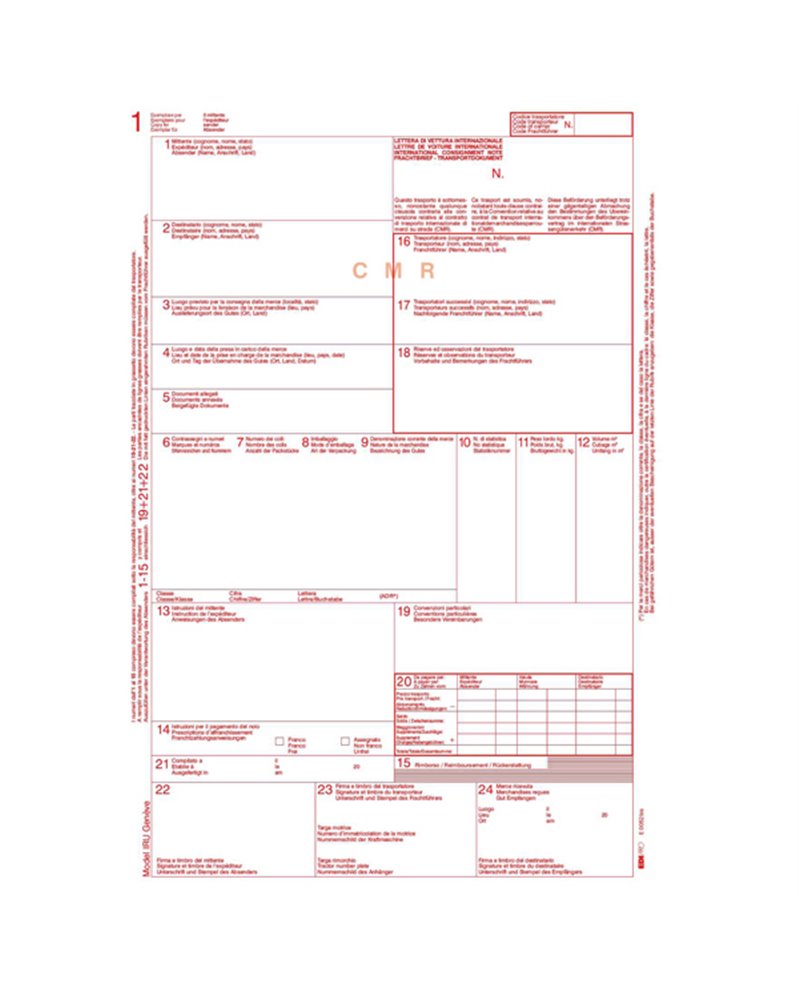 MODELLO CMR LETTERA VETTURA INTERNAZ. 5COPIE autoric 12"x24CM 100FG E0052BIS