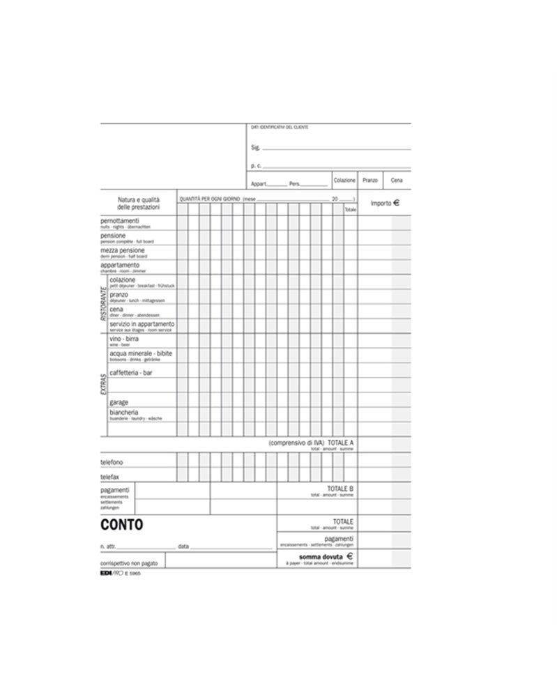 BLOCCO CONTO ALBERGO/PENSIONE 15GG 23X15CM 100FG USO MANO E5965