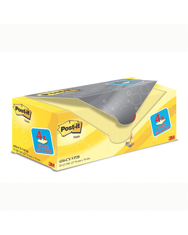 VALUE PACK 16+4 BLOCCO 100fg Post-itÂ® Giallo Canaryâ„¢ 76x76mm 72GR 654CY-VP20