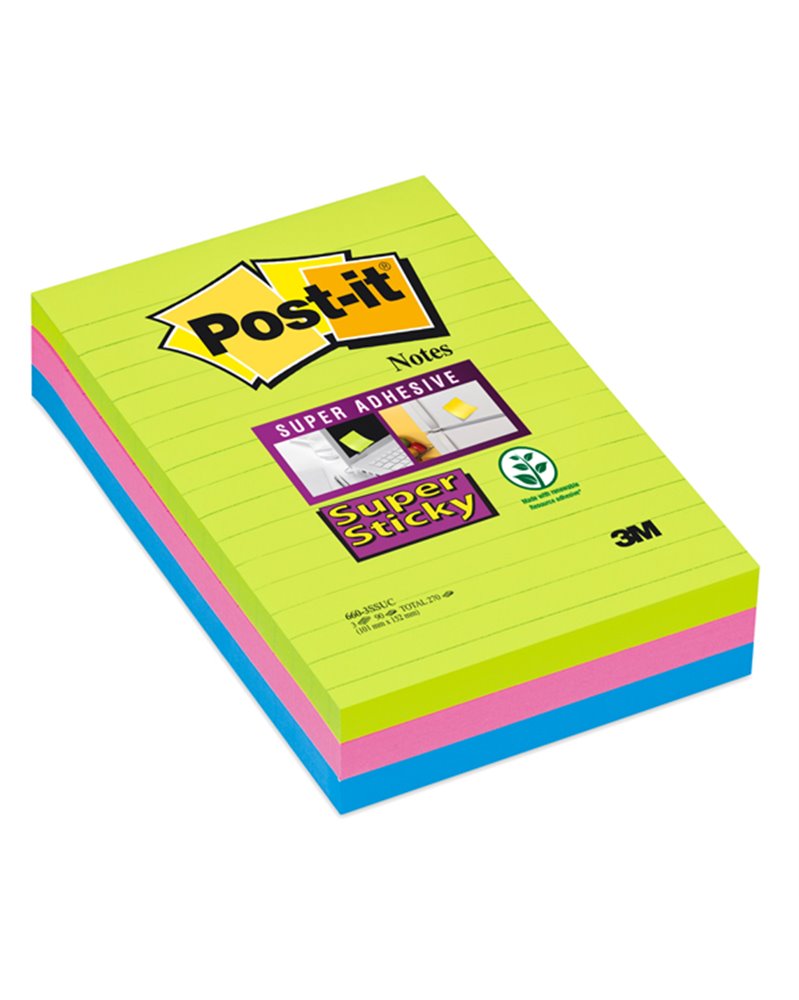 BLOCCO 90foglietti Post-itÂ® Super Sticky RIGHE 101x152mm 660-3SSUC COLORI ULTRA