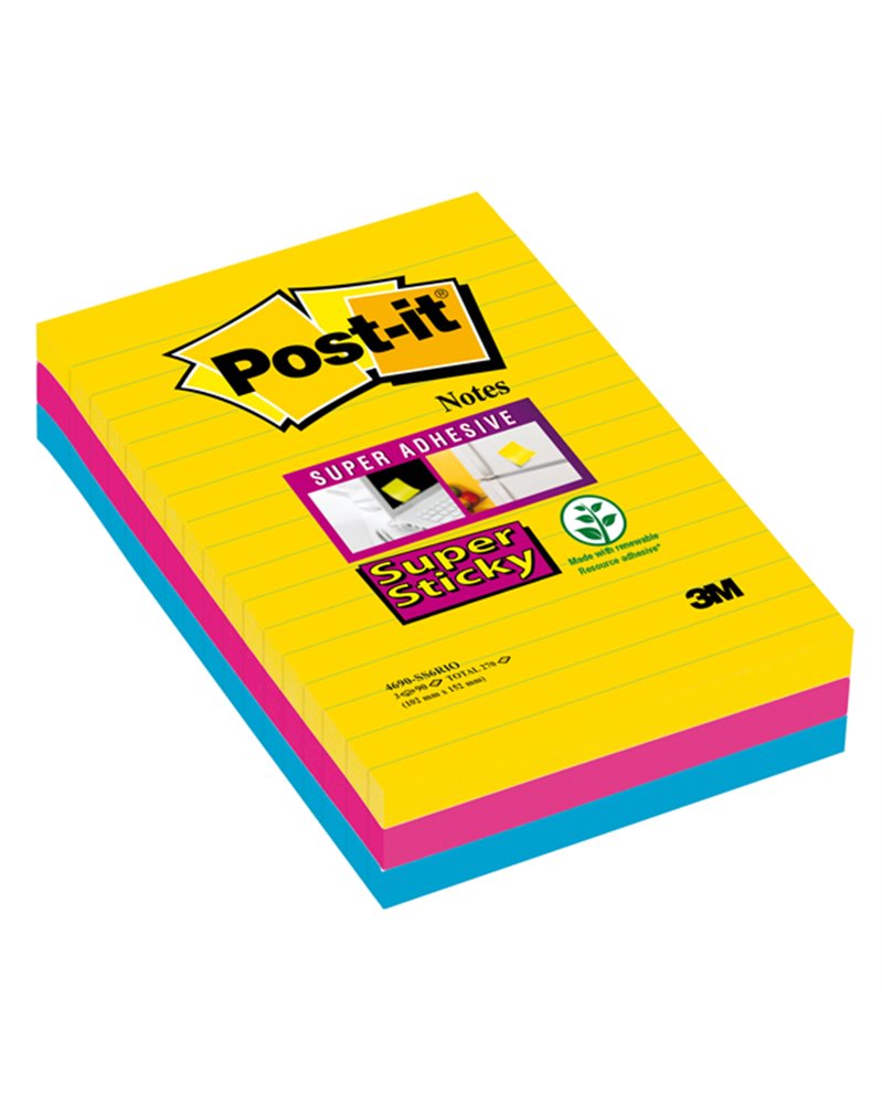 BLOCCO 90 foglietti Post-itÂ® Super Sticky RIGHE 101x152mm 4690-SS3RIO COLORI RIO