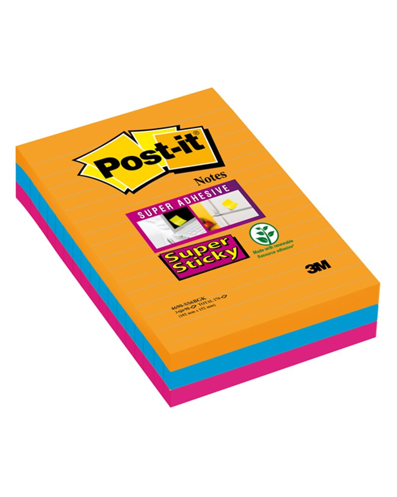 BLOCCO 90foglietti Post-itÂ® Super Sticky RIGHE 101x152mm 4690-SS3BGK COL BANGKOK