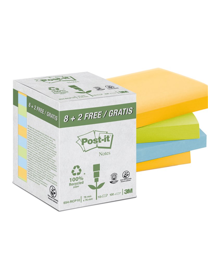 VALUE PACK 10 BLOCCO 100fg Post-itÂ® CARTA RICICLATA COL. ASS. 76X76MM 654-RCP10