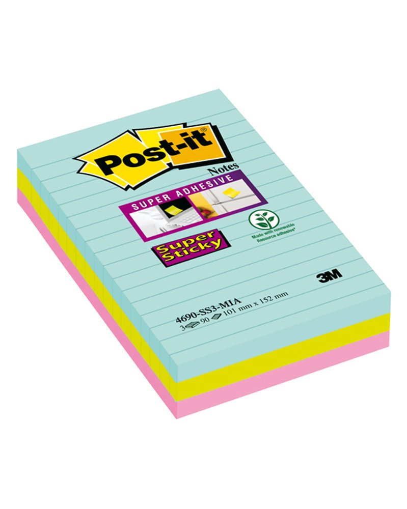 BLOCCO 90 foglietti Post-itÂ® Super Sticky RIGHE 101x152mm 4690-SS3MIA COL.MIAMI