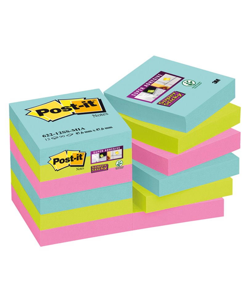 BLOCCO 90foglietti Post-itÂ® Super Sticky 47,6x47,6mm 622-12SS-MIA COLORI MIAMI