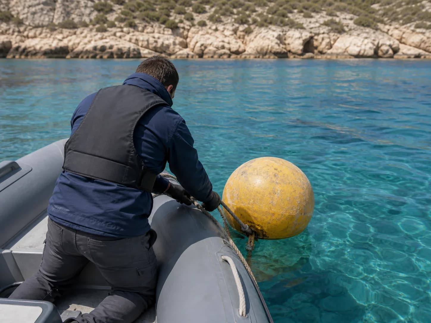 Operatore che controlla una boa di ormeggio dal gommone di servizio